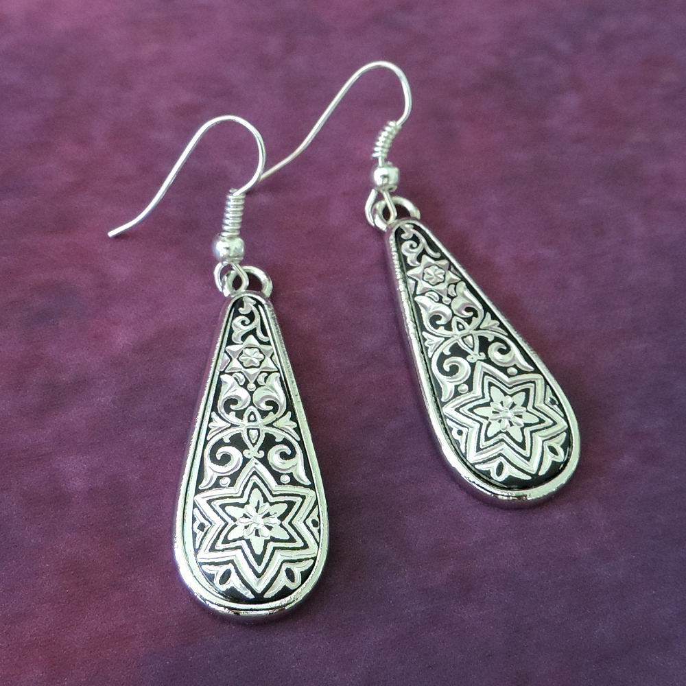 silver damascene teardrop earrings